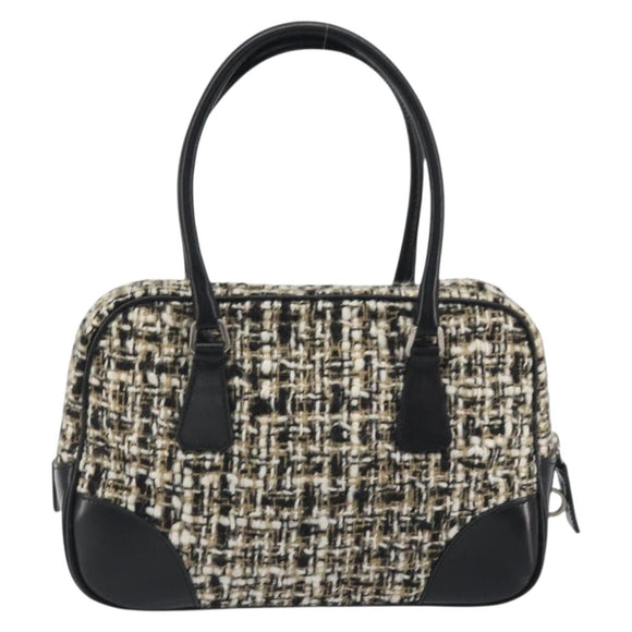 PRADA Boston Bag Tweed Black Silver Auth 195598V