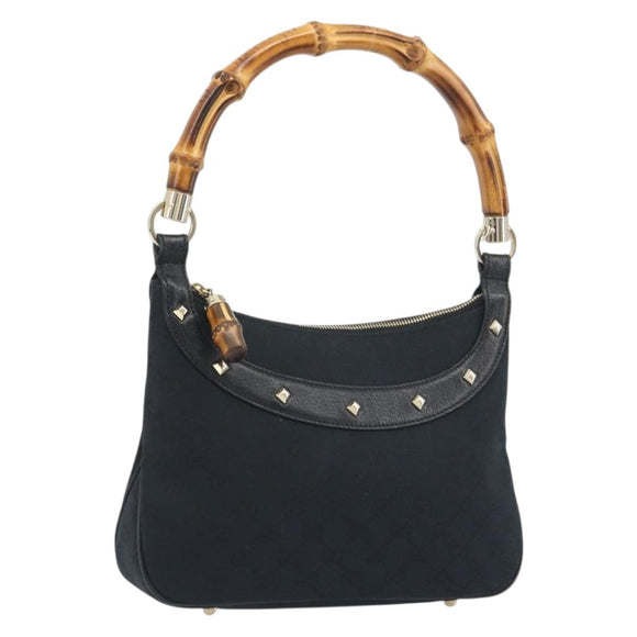 GUCCI GG Canvas Bamboo Shoulder Bag Black Gold 137378 Auth 195600V
