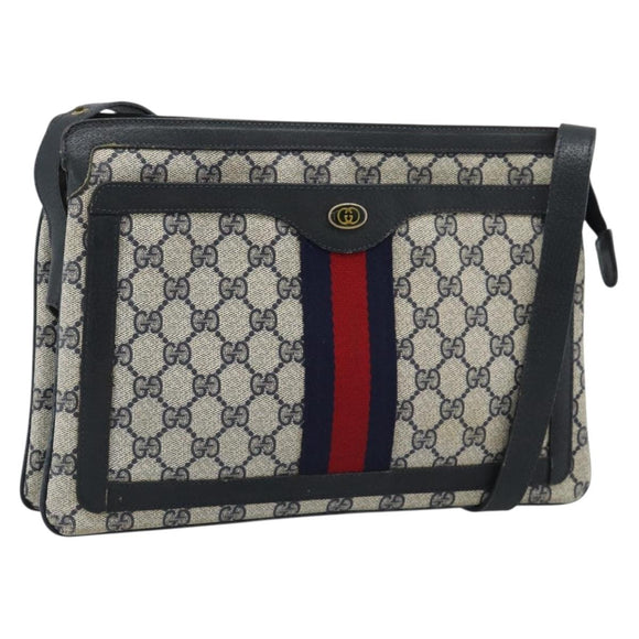 GUCCI GG Supreme Sherry Line Bag PVC Leather Navy Gold 02 14 013 Auth 195601
