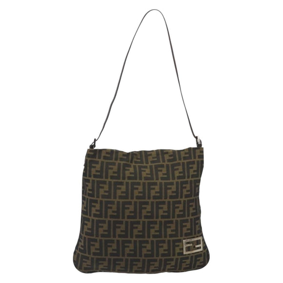 FENDI Zucca Canvas Shoulder Bag Brown Black Auth 195603