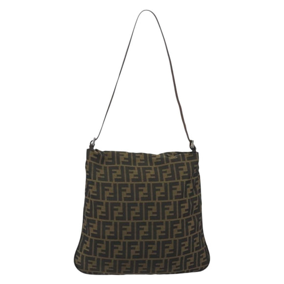 FENDI Zucca Canvas Shoulder Bag Brown Black Auth 195603