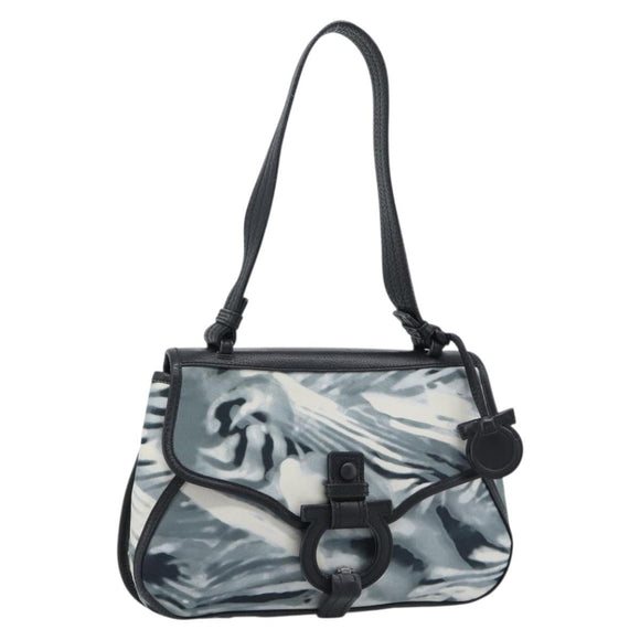 Salvatore Ferragamo Gancini Shoulder Bag Nylon Gray Silver Auth 195614A