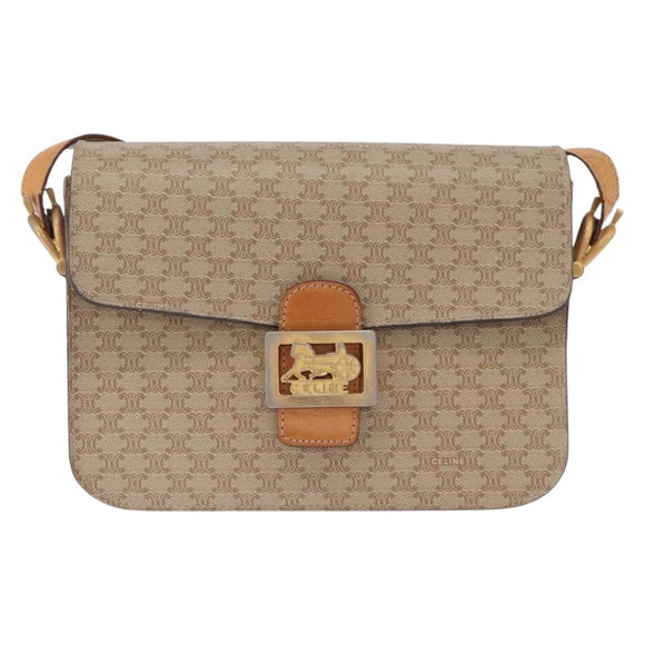 CELINE Macadam Canvas Shoulder Bag PVC Beige Gold Auth 195634