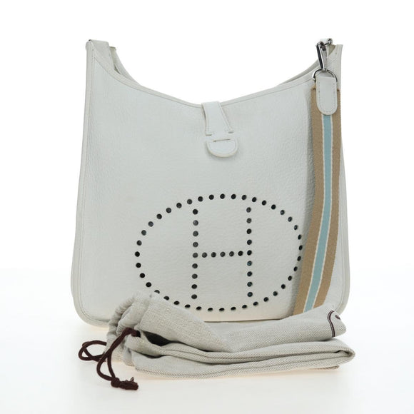 HERMES Evelyn 1GM Shoulder Bag Leather White Silver Auth 195640SAM
