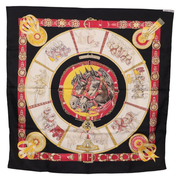 HERMES Carre 90 Scarf ”CHEVAUX DE TRAIT” Silk Black Auth 195641M