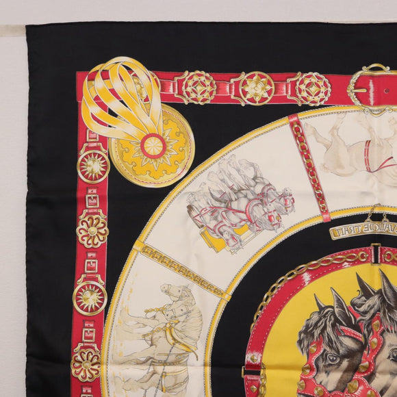 HERMES Carre 90 Scarf ”CHEVAUX DE TRAIT” Silk Black Auth 195641M