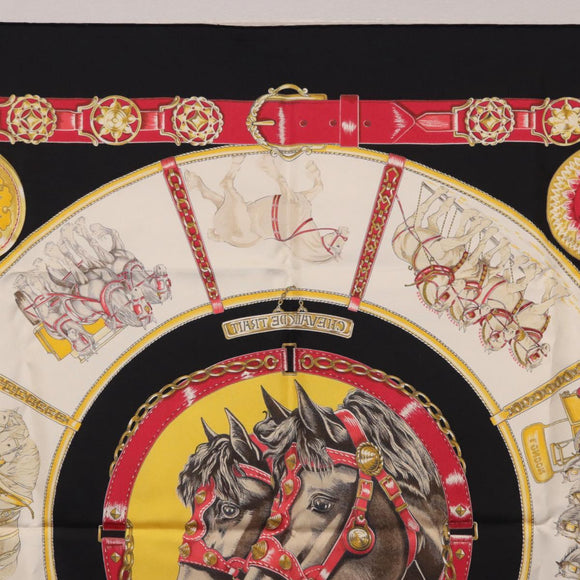 HERMES Carre 90 Scarf ”CHEVAUX DE TRAIT” Silk Black Auth 195641M