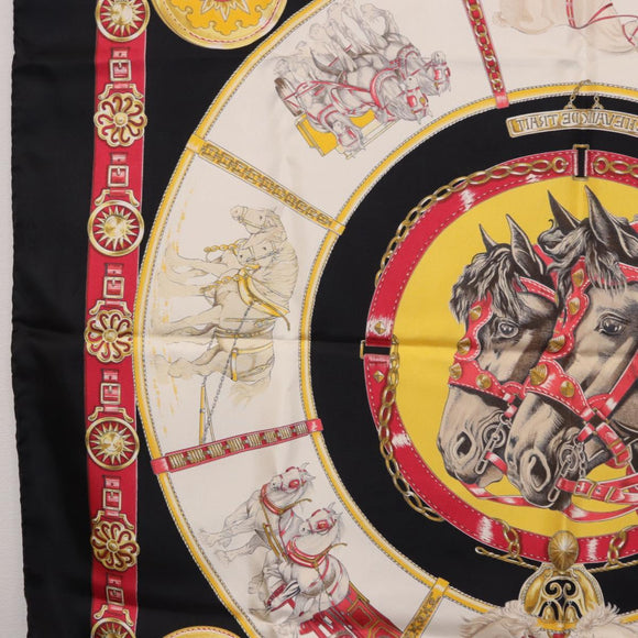HERMES Carre 90 Scarf ”CHEVAUX DE TRAIT” Silk Black Auth 195641M