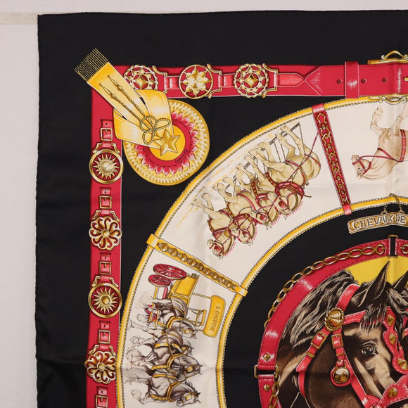 HERMES Carre 90 Scarf ”CHEVAUX DE TRAIT” Silk Black Auth 195641M