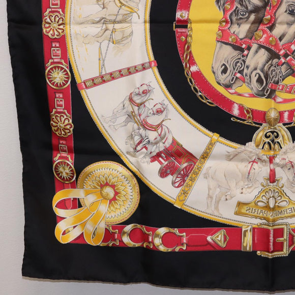 HERMES Carre 90 Scarf ”CHEVAUX DE TRAIT” Silk Black Auth 195641M