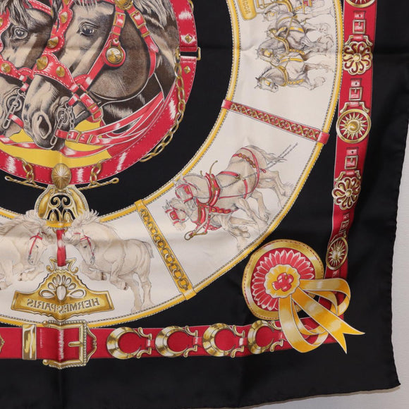 HERMES Carre 90 Scarf ”CHEVAUX DE TRAIT” Silk Black Auth 195641M