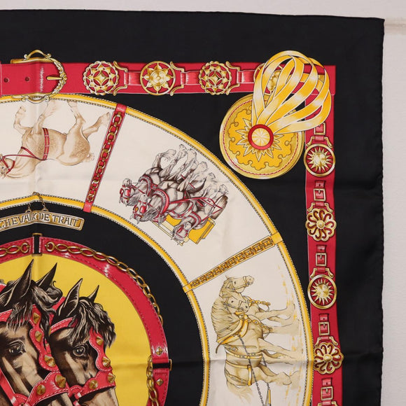 HERMES Carre 90 Scarf ”CHEVAUX DE TRAIT” Silk Black Auth 195641M