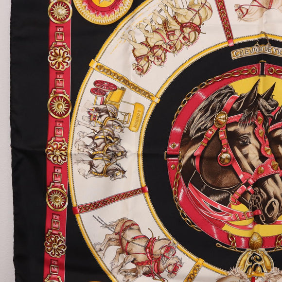 HERMES Carre 90 Scarf ”CHEVAUX DE TRAIT” Silk Black Auth 195641M