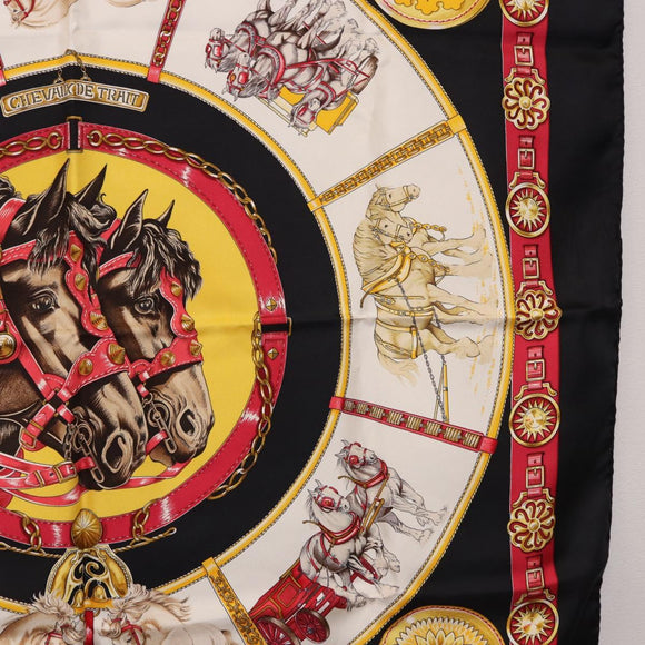 HERMES Carre 90 Scarf ”CHEVAUX DE TRAIT” Silk Black Auth 195641M