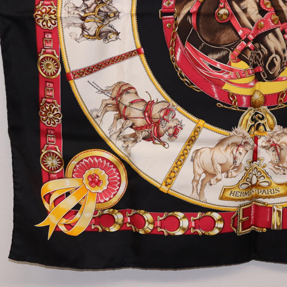 HERMES Carre 90 Scarf ”CHEVAUX DE TRAIT” Silk Black Auth 195641M