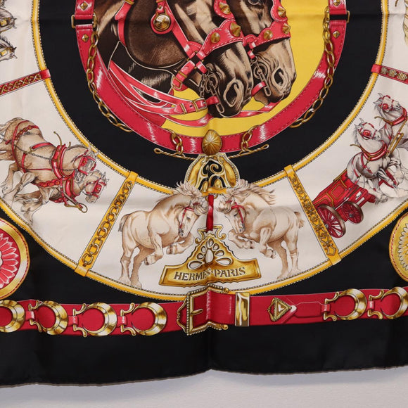 HERMES Carre 90 Scarf ”CHEVAUX DE TRAIT” Silk Black Auth 195641M