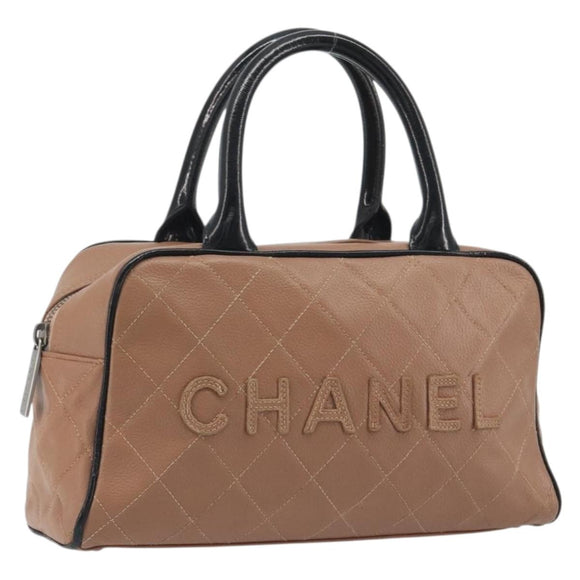 CHANEL Hand Bag Caviar Skin Brown Silver CC Auth 195643A