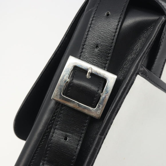 CELINE Shoulder Bag Leather White Black Silver Auth 195652