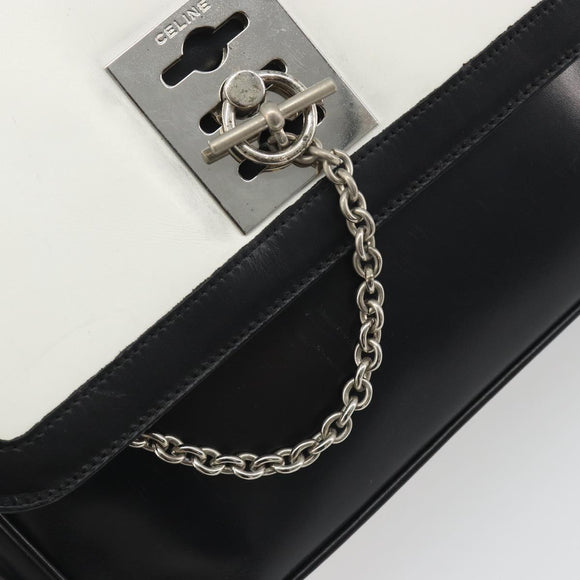 CELINE Shoulder Bag Leather White Black Silver Auth 195652