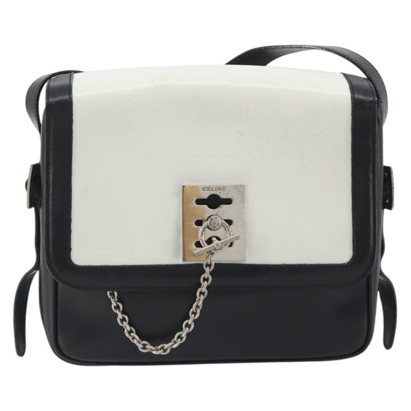 CELINE Shoulder Bag Leather White Black Silver Auth 195652