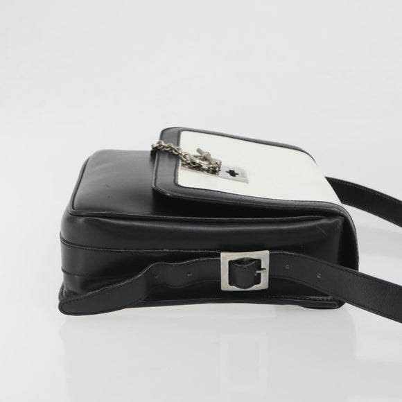 CELINE Shoulder Bag Leather White Black Silver Auth 195652