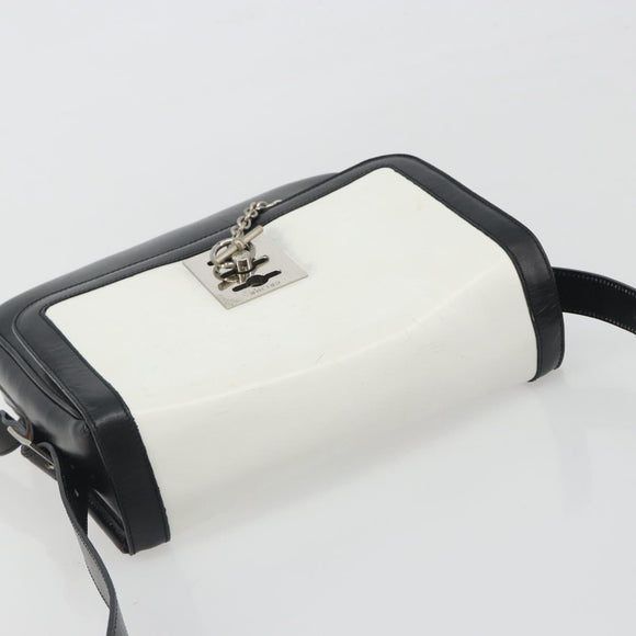 CELINE Shoulder Bag Leather White Black Silver Auth 195652