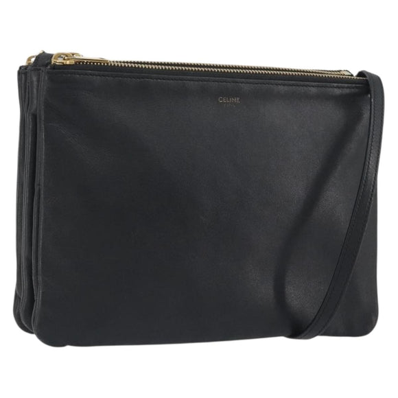 CELINE Trio Shoulder Bag Leather Black Gold Auth 195660