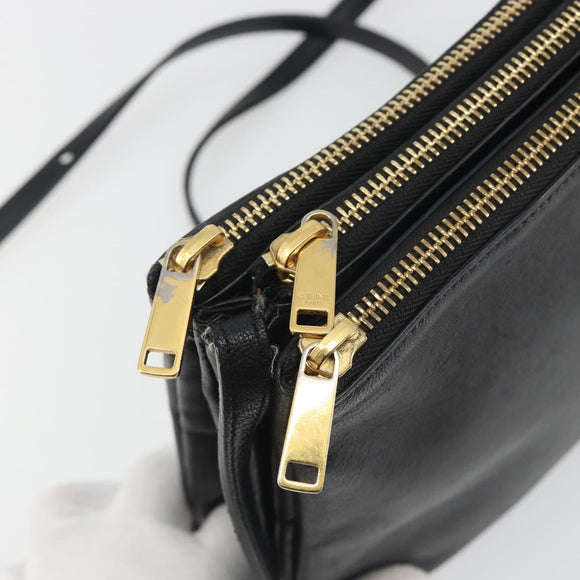 CELINE Trio Shoulder Bag Leather Black Gold Auth 195660