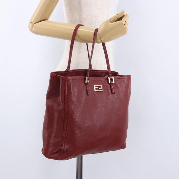 FENDI Hand Bag Leather Red Gold Auth 195663