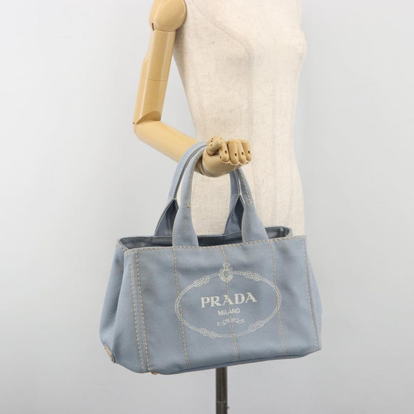 PRADA Canapa MM Hand Bag Canvas Light Blue Gold Auth 195671A