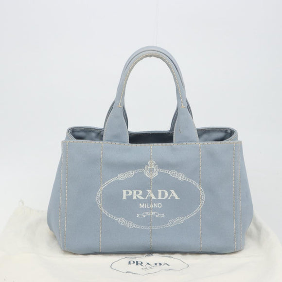 PRADA Canapa MM Hand Bag Canvas Light Blue Gold Auth 195671A