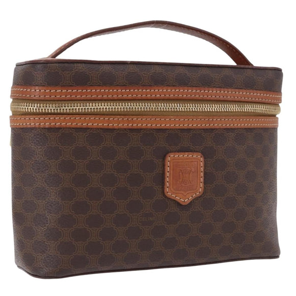 CELINE Macadam Canvas Vanity Pouch PVC Leather Brown Gold Auth 195699A