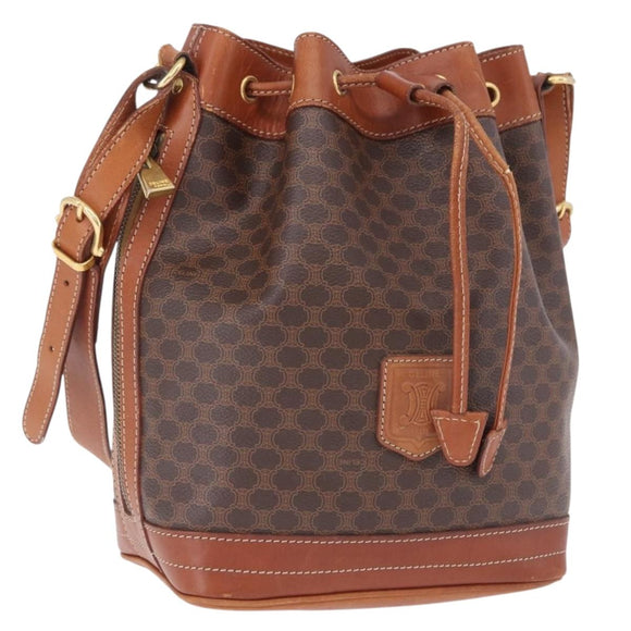 CELINE Macadam Canvas Shoulder Bag PVC Leather Brown Gold Auth 195708
