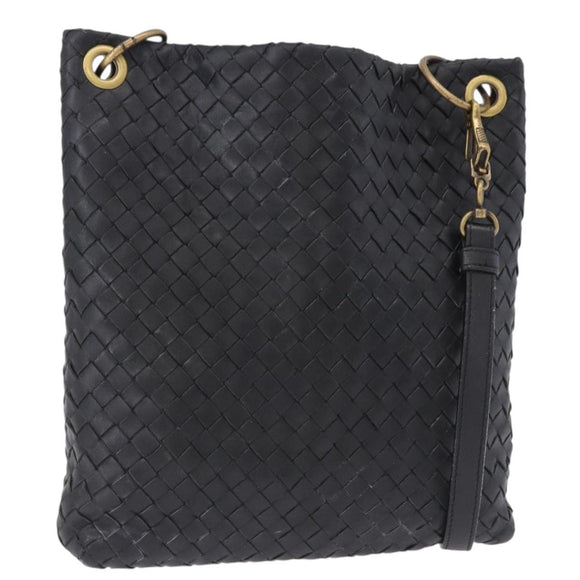 BOTTEGA VENETA INTRECCIATO Shoulder Bag Leather Black Gold Auth 195711A