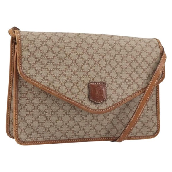 CELINE Macadam Canvas Shoulder Bag PVC Beige Gold Auth 195715