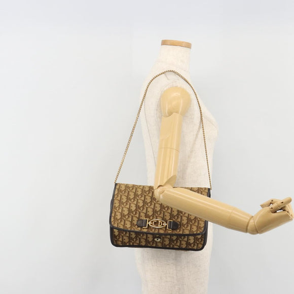 Christian Dior Trotter Canvas Chain Shoulder Bag Beige Gold Auth 195716