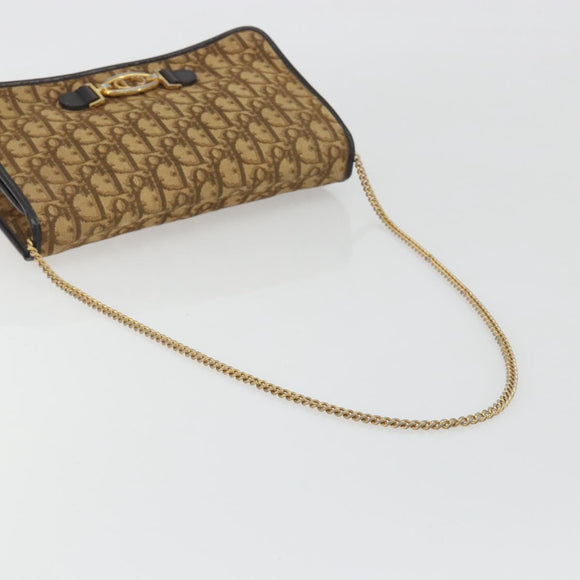 Christian Dior Trotter Canvas Chain Shoulder Bag Beige Gold Auth 195716