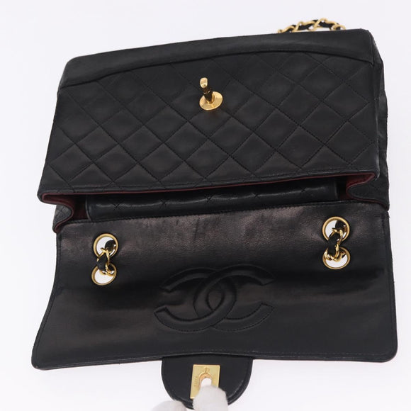 CHANEL Matelasse Chain Shoulder Bag Lamb Skin Black Gold CC Auth 195725