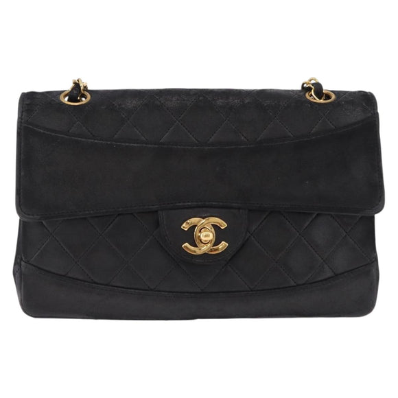 CHANEL Matelasse Chain Shoulder Bag Lamb Skin Black Gold CC Auth 195725