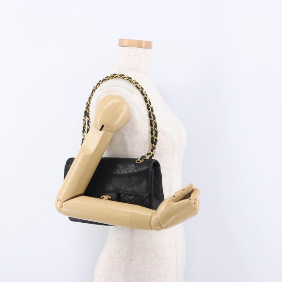 CHANEL Matelasse Chain Shoulder Bag Lamb Skin Black Gold CC Auth 195725