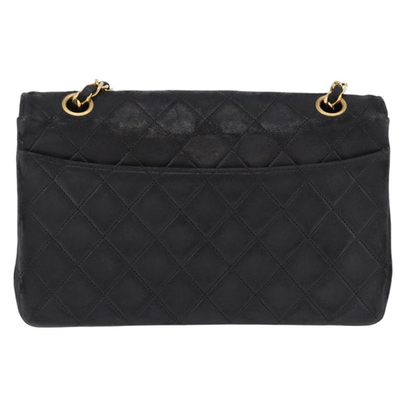 CHANEL Matelasse Chain Shoulder Bag Lamb Skin Black Gold CC Auth 195725