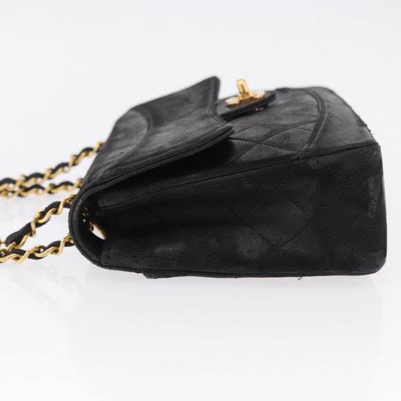CHANEL Matelasse Chain Shoulder Bag Lamb Skin Black Gold CC Auth 195725