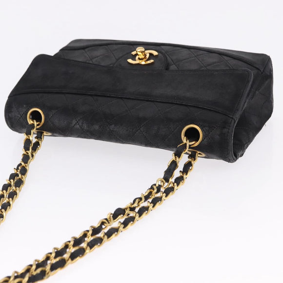 CHANEL Matelasse Chain Shoulder Bag Lamb Skin Black Gold CC Auth 195725