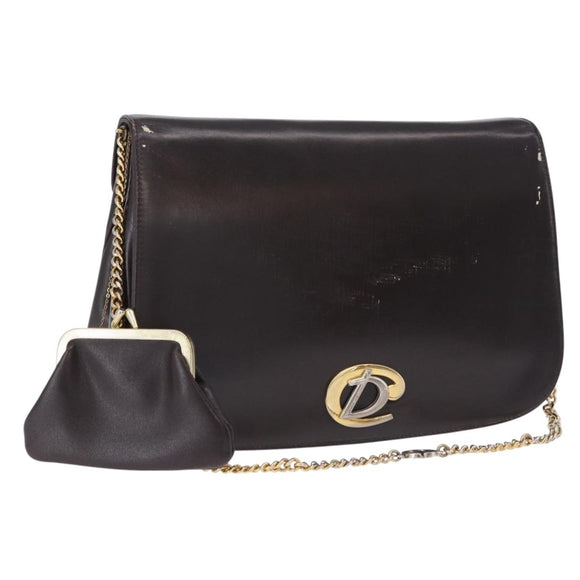 Christian Dior Chain Shoulder Bag Leather Dark Brown Gold Auth 195730