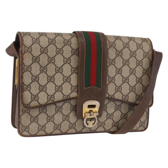 GUCCI GG Supreme Web Sherry Line Shoulder Bag PVC Beige Gold Auth 195731
