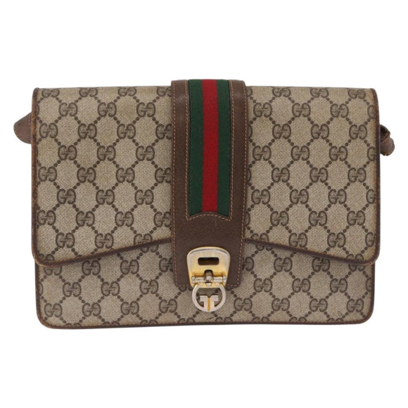GUCCI GG Supreme Web Sherry Line Shoulder Bag PVC Beige Gold Auth 195731