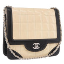 CHANEL Choco Bar Line Turn Lock Chain Bag Patent Leather Ivory CC Auth 195749V-1