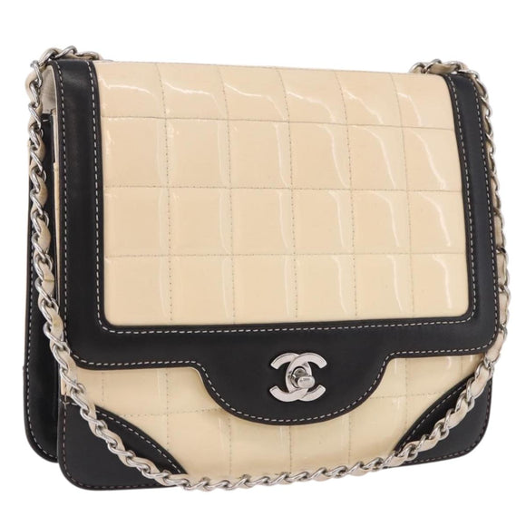 CHANEL Choco Bar Line Turn Lock Chain Bag Patent Leather Ivory CC Auth 195749V