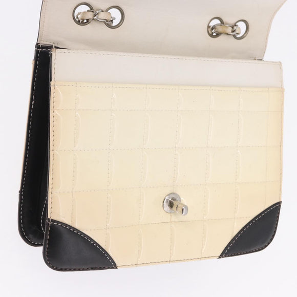 CHANEL Choco Bar Line Turn Lock Chain Bag Patent Leather Ivory CC Auth 195749V