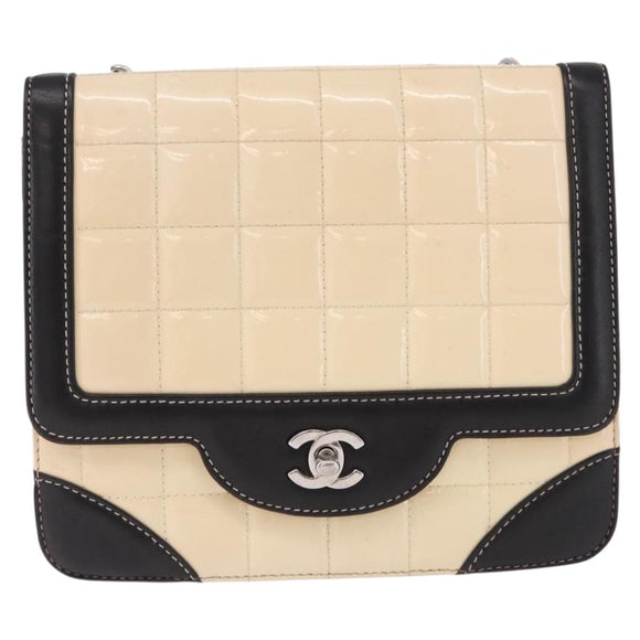 CHANEL Choco Bar Line Turn Lock Chain Bag Patent Leather Ivory CC Auth 195749V